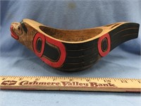 Tlingit style potlatch bowl, seal carving, 10.5" l