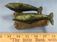 2 Soapstone carvings of Beluga whales mounted on s