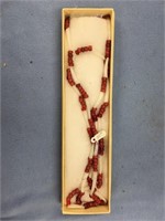 Red trade bead and white shell necklace, 30" long