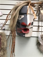 Large Tlinget style wooden spirit mask w/ brass &