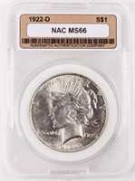 Coin 1922-D Peace Silver Dollar NAC MS66