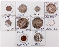 Coin 10 U.S. Key Date Coinage Cents to Dollars