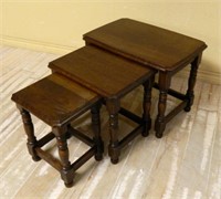 Block and Turned Oak Nest of Tables.  3 pc.