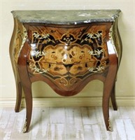 Marquetry Inlaid Marble Top Bombe Chest.