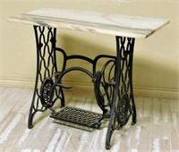 Marble Top Iron Sewing Treadle Base Table.