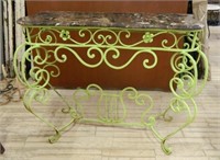 Scrolled Wrought Iron Marble Top Console.