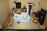 Doll House Furniture; tall case clock, piano,