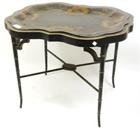 ANTIQUE PAINTED METAL TRAY TEA TABLE WITH FAUX BAM