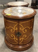 Marble topped round end tables with 2 shelves