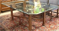 CHIPPENDALE MAHOGANY BASE GLASS TOP DINING TABLE