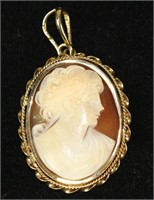 ANTIQUE LARGE ROSE AGATE CAMEO 14KT GOLD PENDANT