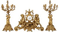 Massive 3 Piece Figural Gilt Bronze Clock Set