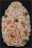 Carved Angel Skin Coral Double Carnation Brooch