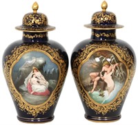 Pair of Royal Vienna Hand Painted Porcelain Urns