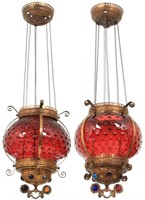 Pair of Cranberry Hobnail Pulldown Hall Lamps