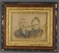 Antique Elderly Couple Charcoal Print and Frame