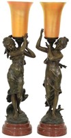 Pair Figural Standing Lamps with Art Glass Shades