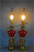 Ruby Red Glass Medieval Bronze Table Lamps