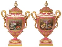 Pair of Royal Worcester Porcelain Covered Urns