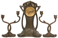 3 Piece Bronze Art Nouveau Clock Set