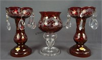 Czech Ruby Cut to Clear 7" Lustres and Vase