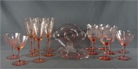 Elegant Etched Pink Glass Stemware & Plates