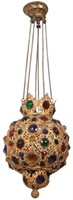 Miniature Jeweled Brass Pull-Down Hall Lamp