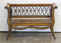 Wooden Bench with Metal Scroll in Back
