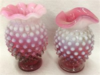 Two Cranberry Opalescent Hobnail Vases