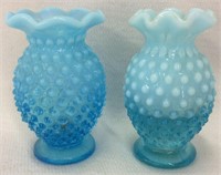 Two Blue Opalescent Hobnail Vases