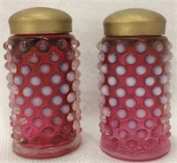 Pair Of Cranberry Opalescent Hobnail Shakers