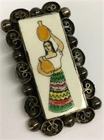 Mexico Sterling Silver Figural Painted Pin