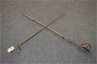 TWO VINTAGE SWORDS WITH HAND GUARDS, ONE IN SHEATH