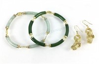 14k Gold Earrings & (2) Jade Bracelets