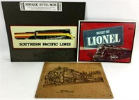 (3) Vintage Train Metal Signs & Artwork On Board