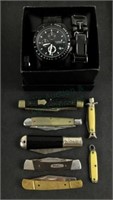 Fossil Watch & Assorted Pocket Knives