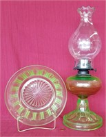 Antique Vaseline Green Oil Lamp & Bowl