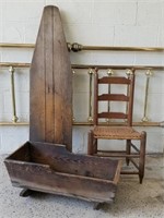 Antique Cradle, Ironing Board & Chair