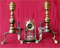 Vintage Brass Andirons & Elgin Dome Clock