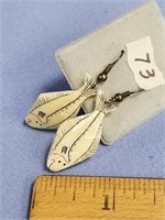 Pair of white ivory halibut dangle earrings, scrim