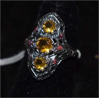 Size 7 Sterling Silver Filigree Ring w/ Yellow