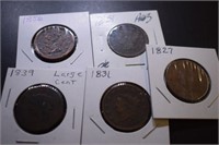 (5) Large Cent Coins - 1827, 31, 39, 81, 56