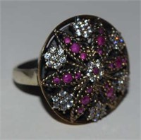 Sterling Silver Ring w/ Rubies, White Stones,