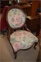 Antique Upholstered Parlor Chair w/ Carved Detail
