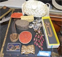 Assorted Costume Jewelry, Belt Buckles, Pill Boxes