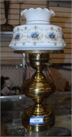 Brass Table Lamp w/ Blue & White Glass Shade,
