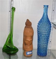 Carved Wooden Head and Two Glass Vases