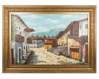 European Mountain Village - Oil on Canvas - Signed