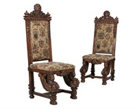 Pair Figural Carved Tapestry Chairs