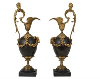 Pair Bronze and Marble Ewers